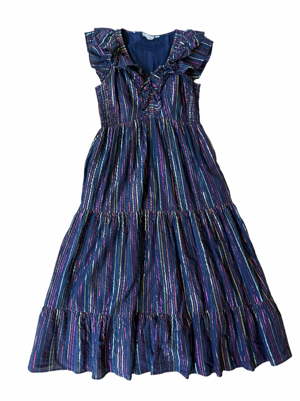 Roller Rabbit Rainbow Striped Metallic Tiered Ruffled Midi Dress